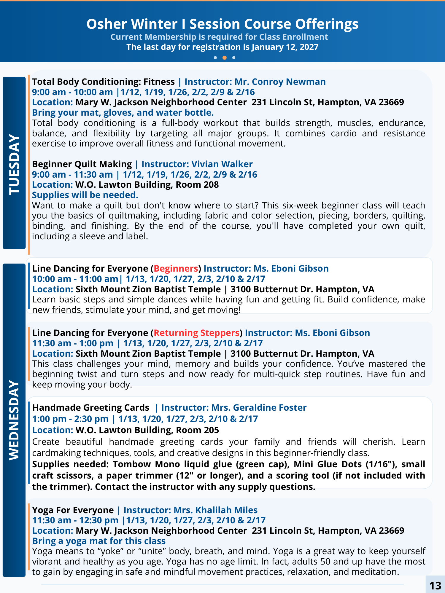 OLLI Course Catalog page $13
